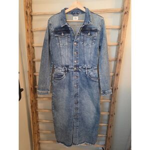 Wash Lab Denim Midi Dress S Button Front Long Sleeve Stretch Raw Hem